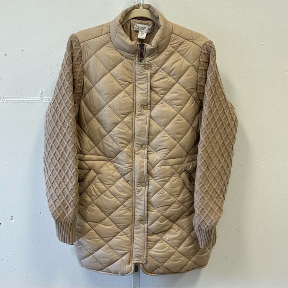 NWT Rachel Zoe Quilted Puffer Jacket Knit‎ Sleeves Neutral Beige Contemporary Lg